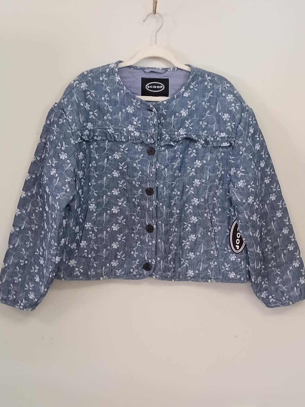NWT Scoop Denim Eyelet Floral Embroidered Cropped Button Up Jacket Women's XL